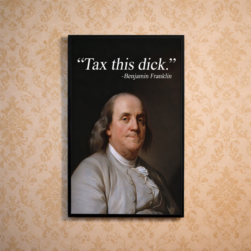 Framed portrait of Benjamin Franklin with humorous quote on a decorative wall.