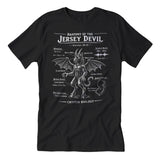 Black t-shirt with 'Anatomy of the Jersey Devil' graphic design on a white background