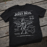 Black t-shirt with 'Anatomy of the Jersey Devil' design on a wooden surface