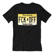 Black crew neck t-shirt with the text 'FCK-OFF Garden State' printed on the front, resembling a license plate format.