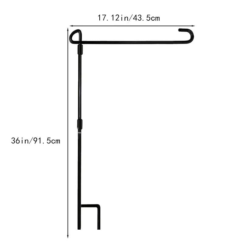 Measurement chart of a black metal stand with dimensions labeled.