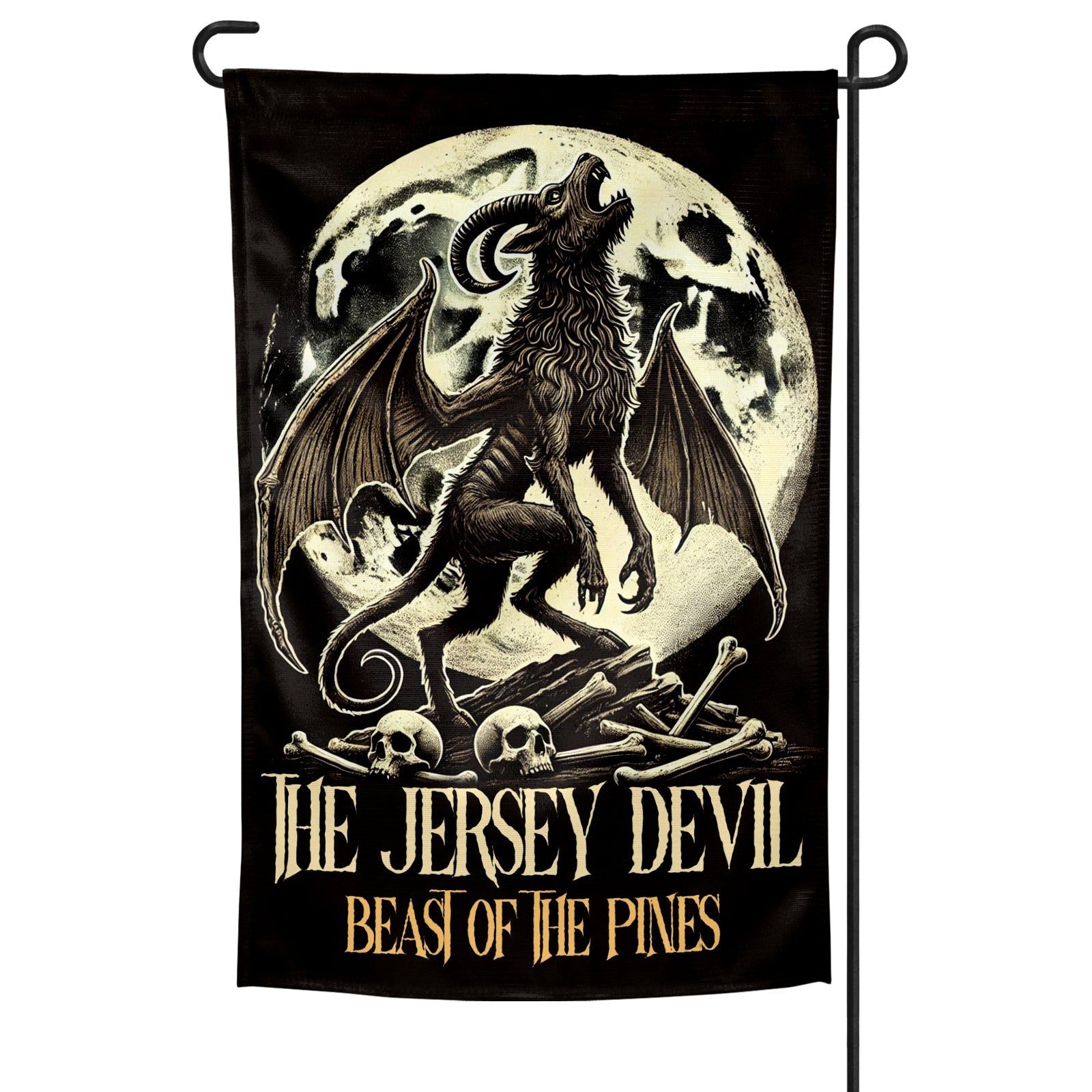 A garden flag featuring an illustration of the Jersey Devil, a winged creature with a bearded face, with a full moon and trees in the background.
