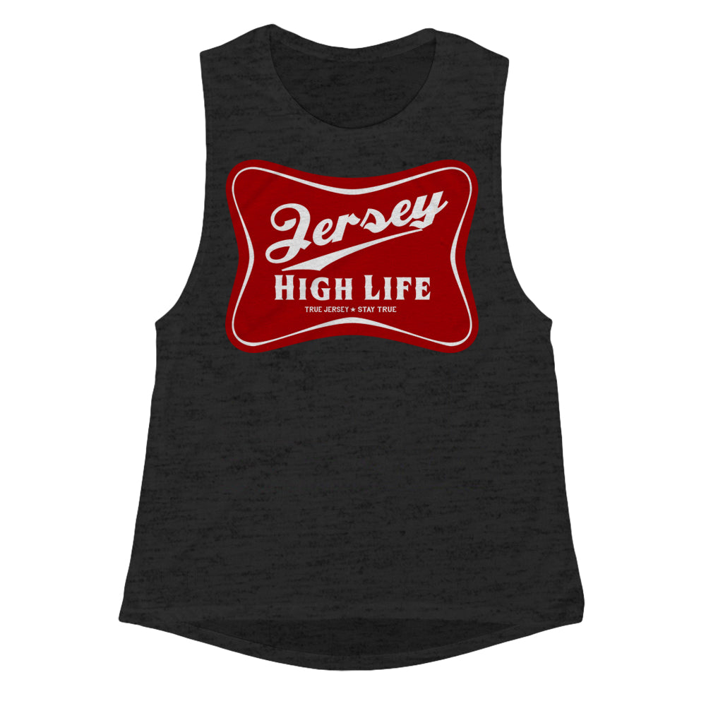 A black tank top with a red graphic that says 'Jersey High Life' on the front.