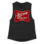 A black tank top with a red graphic that says 'Jersey High Life' on the front.