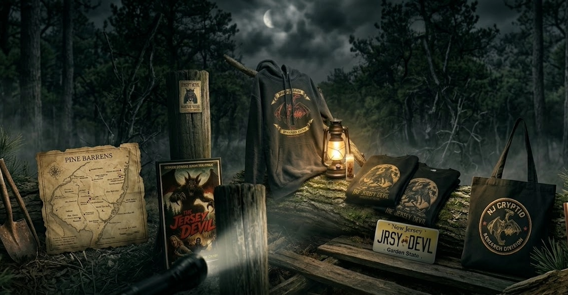 Vintage-style props including a map, lantern, and signs in a pine barrens setting with a moonlit sky.