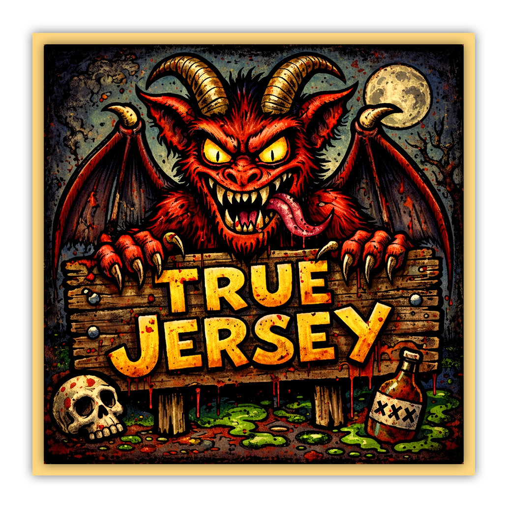 Illustration of a devilish creature behind a 'True Jersey' sign with a skull and bottle on a dark background.