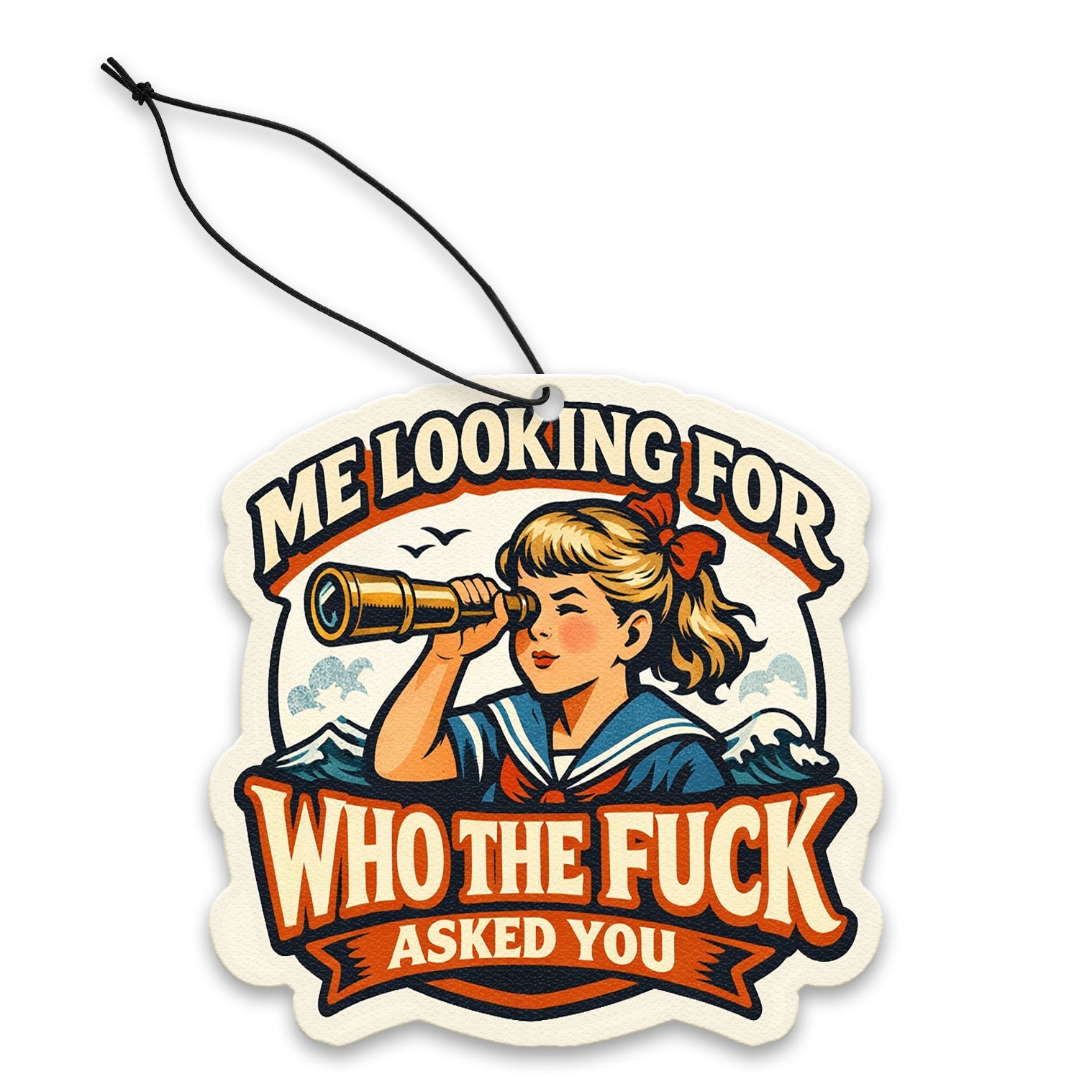 Decorative air freshener with a design of a woman using a telescope and text on a white background.