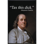 Portrait of Benjamin Franklin with humorous text overlay on a black background