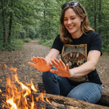 Woman sitting by a campfire in a forest, wearing a black t-shirt with a graphic design.